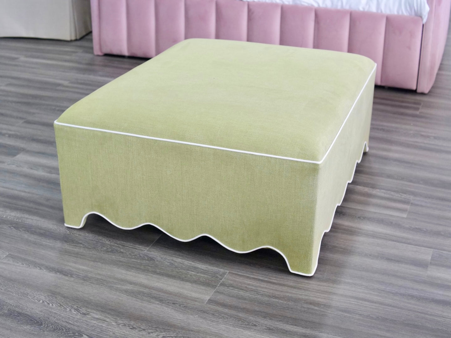 Scalloped Ottoman / Coffee table in Pistachio Green Woven Fabric - White Trim