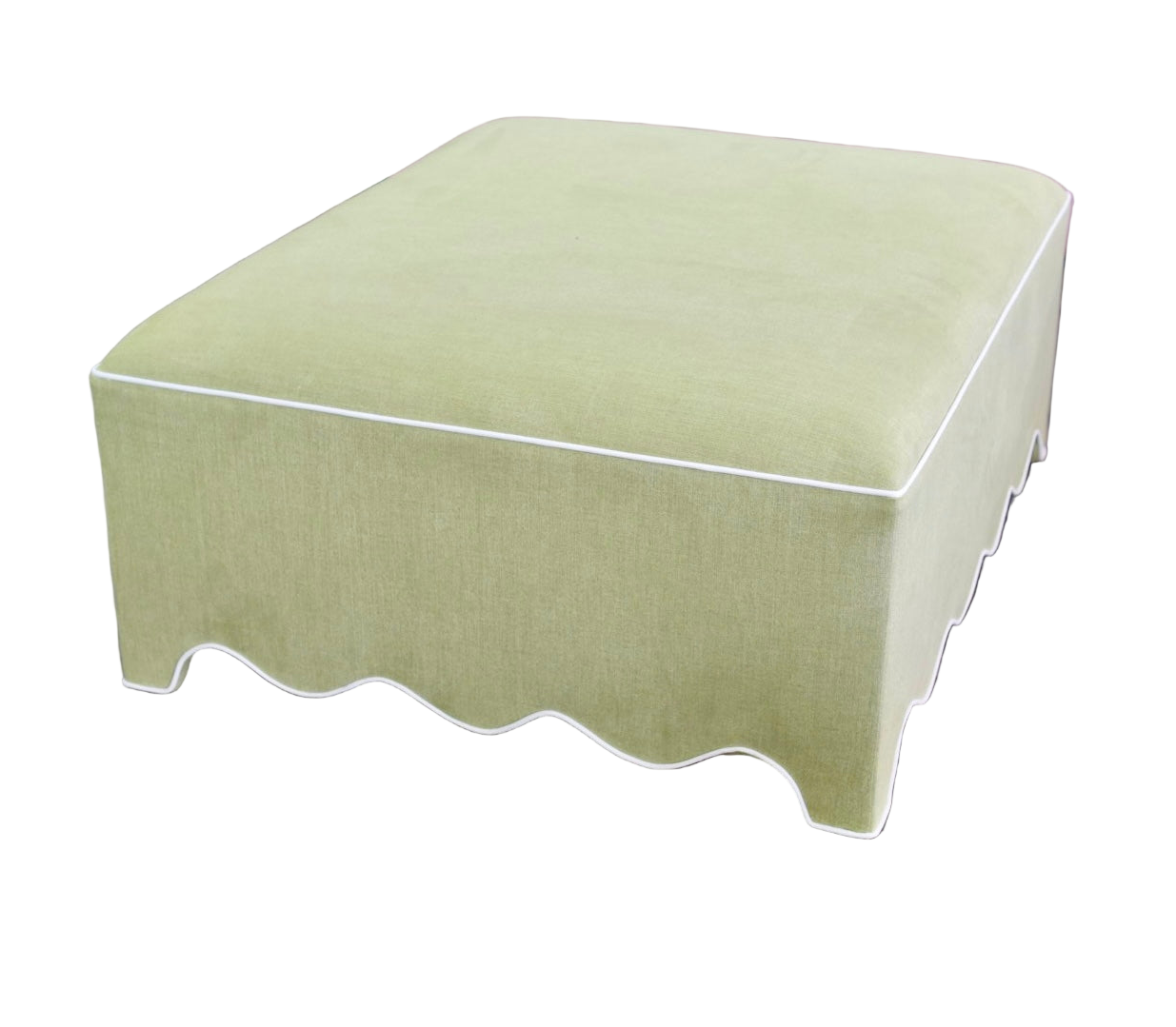 Scalloped Ottoman / Coffee table in Pistachio Green Woven Fabric - White Trim