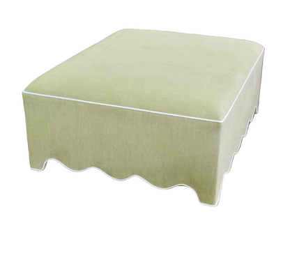Scalloped Ottoman / Coffee table in Pistachio Green Woven Fabric - White Trim