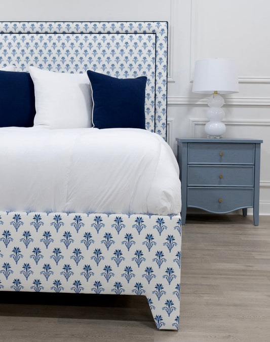 65”H King Upholstered Platform Bed - Blue Floral Linen Fabric - Navy Trim