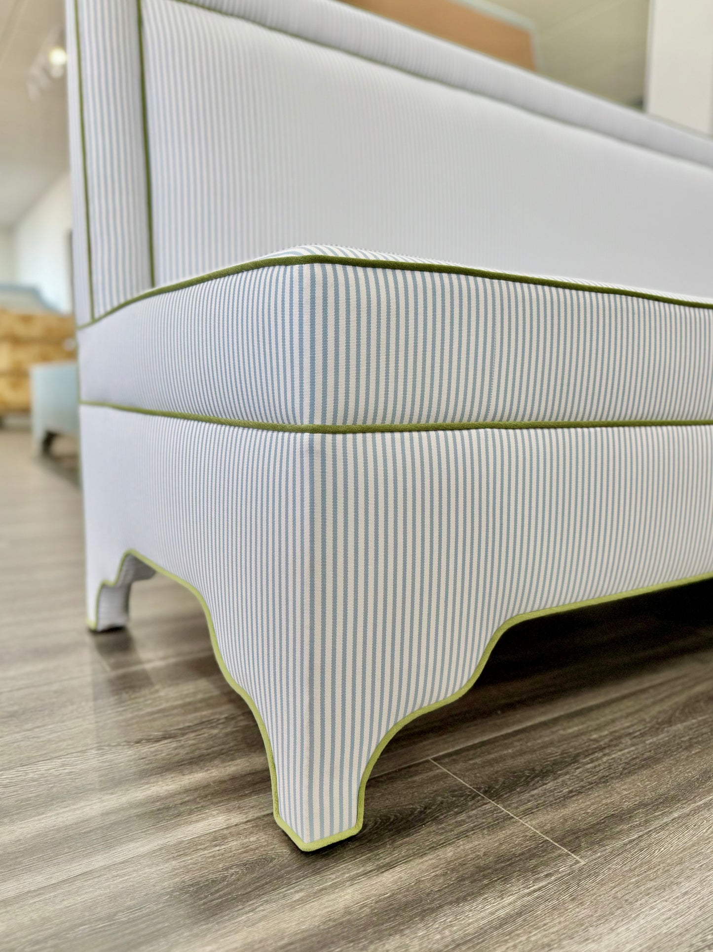 Lorraine Banquette – Perennials Striped Blue Fabric - Green Trim