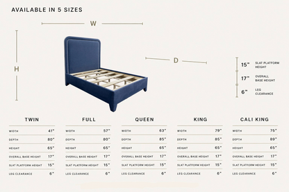 The Lorraine Queen Platform Bed in Navy Woven Fabric - White Trim
