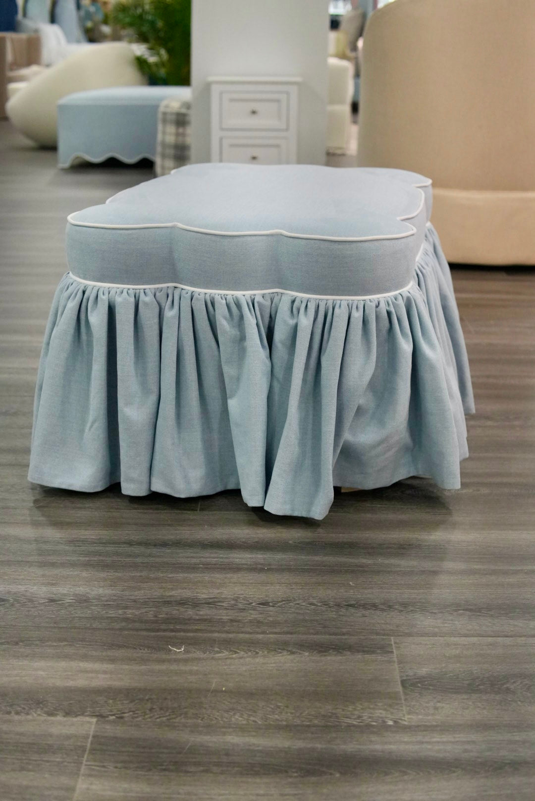 Cloud-Style Skirted Ottoman – Sky Blue Fabric & White Trim