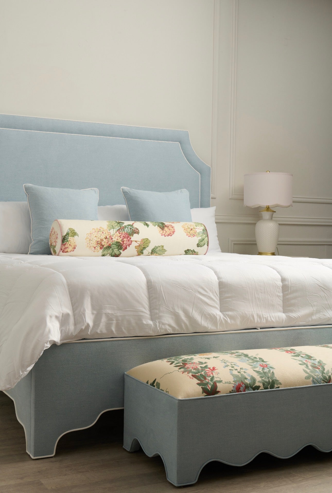 The Addison King Platform Bed - Scalloped Legs - Sky Blue Woven Fabric with White Trim
