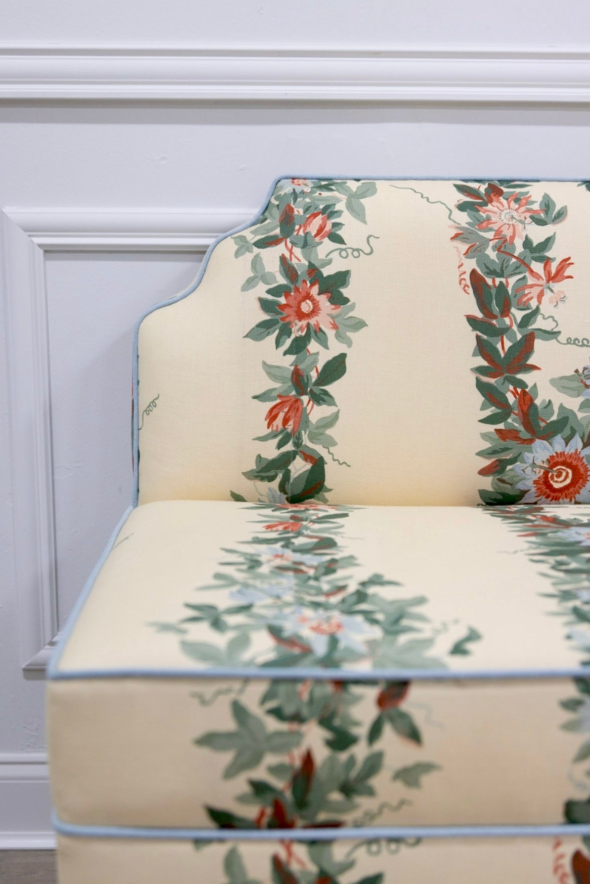 The Helena Banquette – Malmaison Jardin - Sky Blue Piping