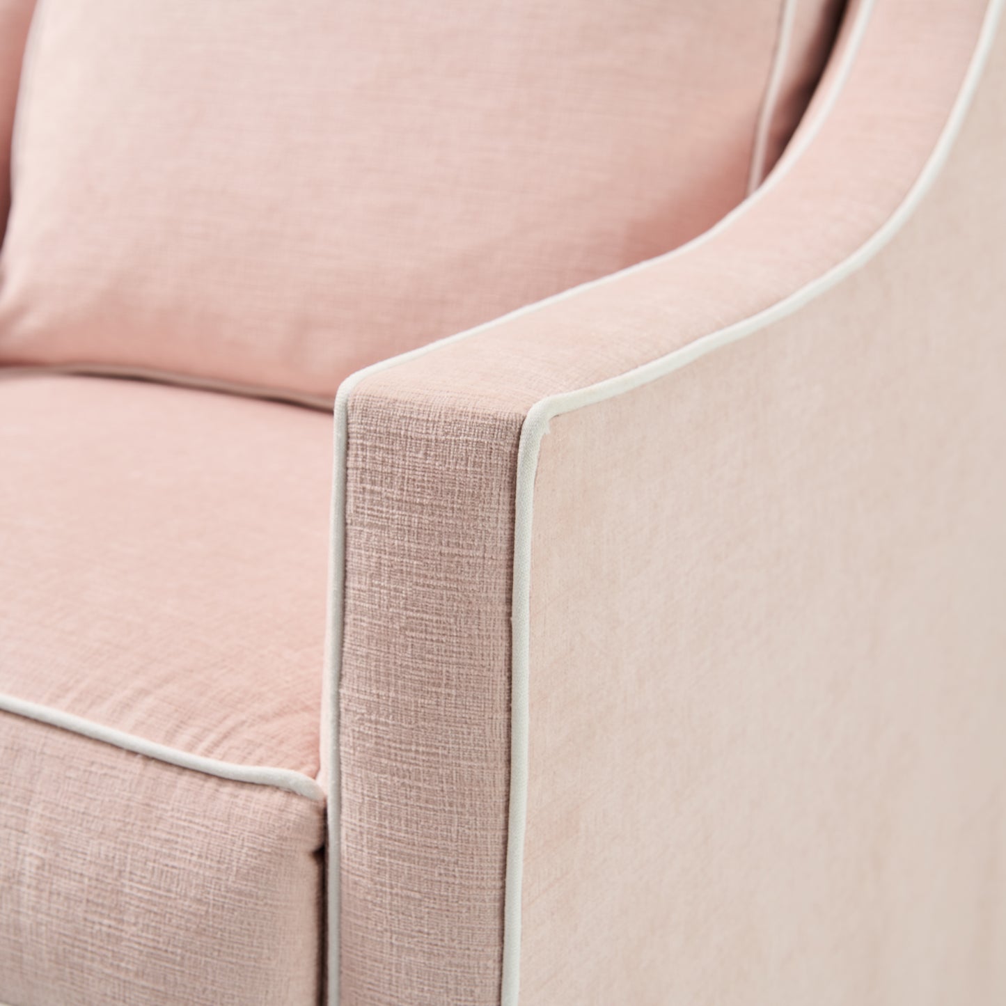 Custom Swivel Glider Chair – Performance Light Pink Chenille Fabric with White Trim