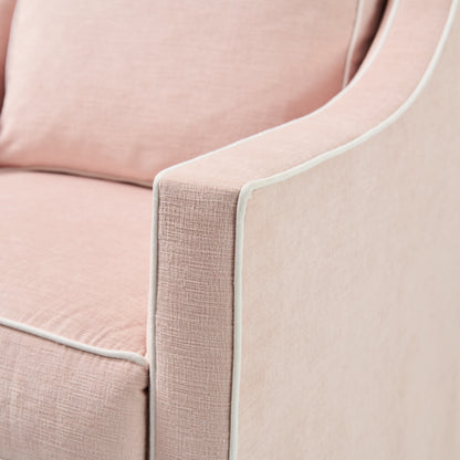 Custom Swivel Glider Chair – Performance Light Pink Chenille Fabric with White Trim