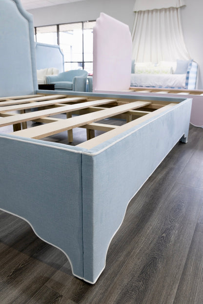 The Aliana King Bed - Scalloped Legs - Sky Blue Woven Fabric with White Trim