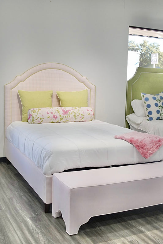 65" H Queen Upholstered Platform Bed - Brown Wooden Legs - Bella Pink Gingham Fabric with Pear Green Trim