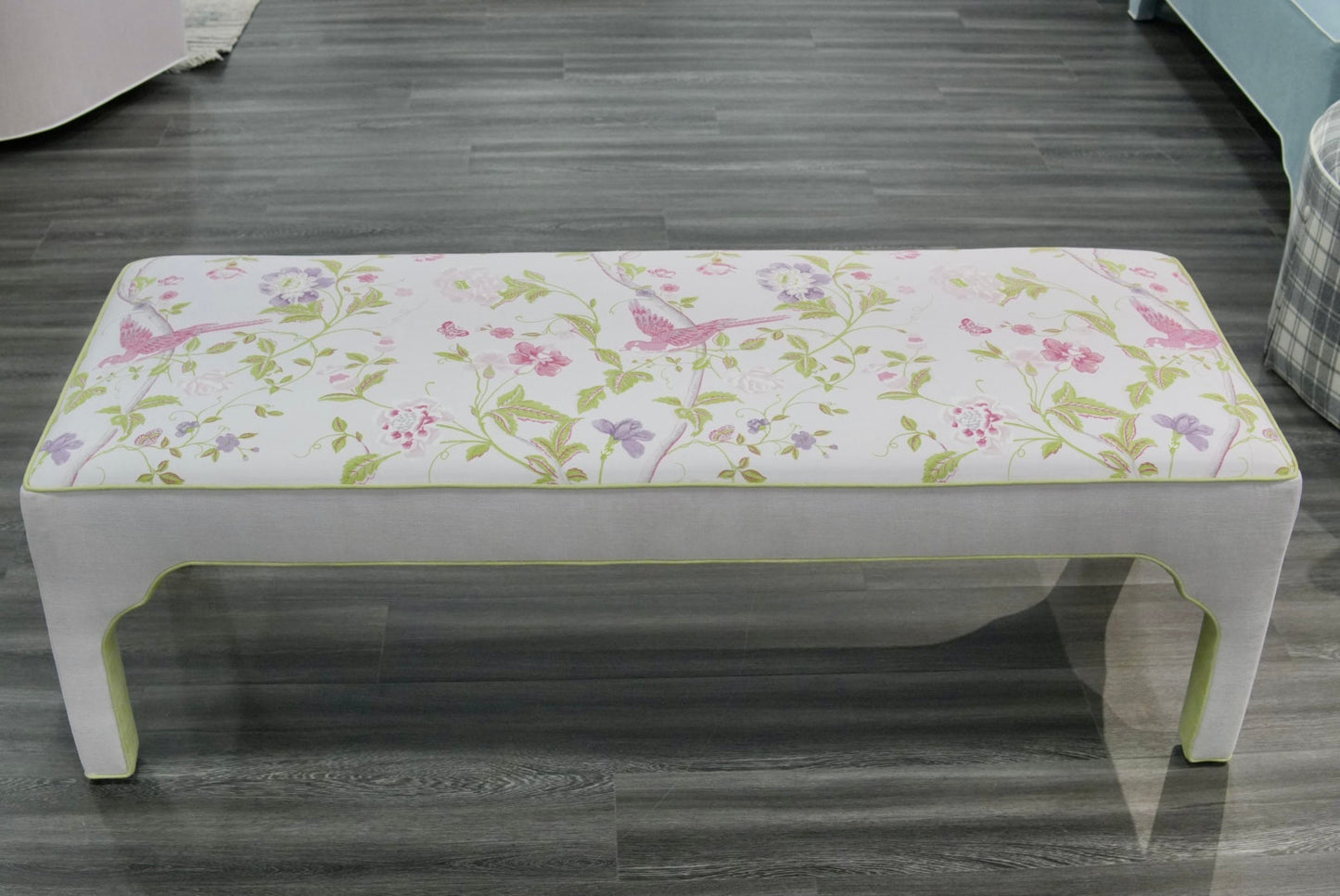 Custom Upholstered Bench in Floral Fabric - Pear Green Trim