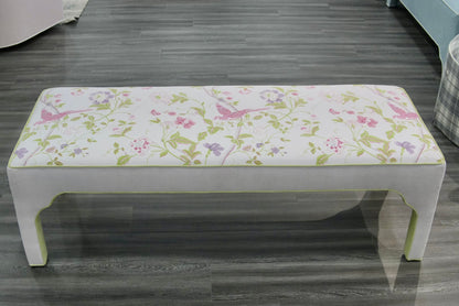 Custom Upholstered Bench in Floral Fabric - Pear Green Trim