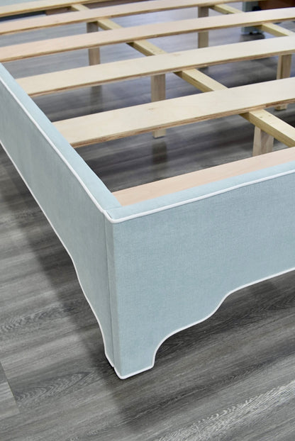 The Addison Cali King Bed - Scalloped Legs - Seafoam Green Woven - White Trim