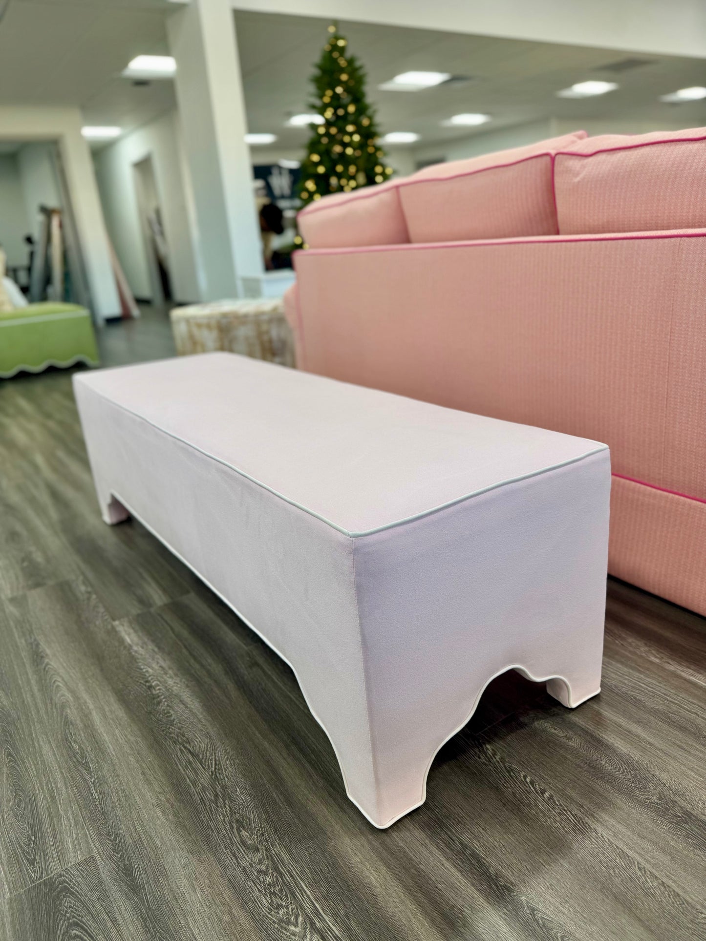 Custom Upholstered Bench in Powder Pink Woven Fabric
