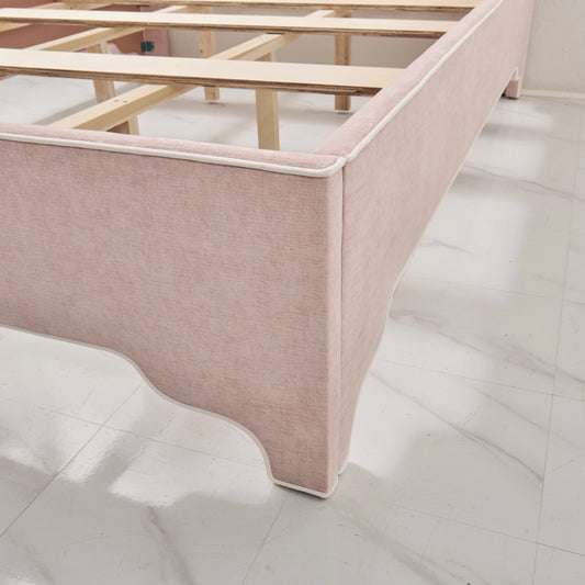 65”H Queen Upholstered Platform Bed - Scalloped Legs - Pale Pink Chenille with White Trim