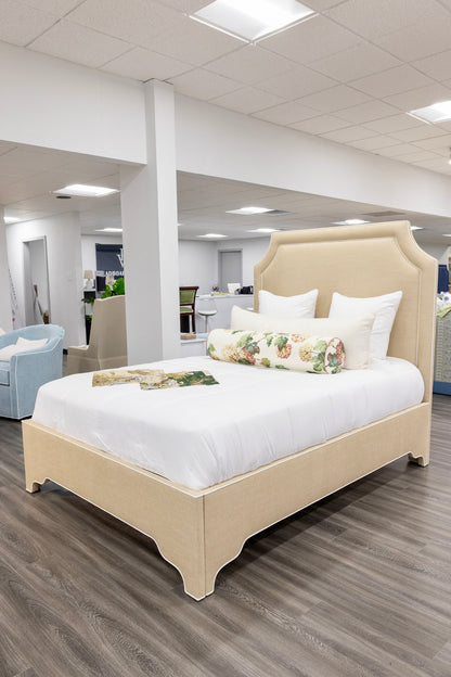 65”H Queen Upholstered Platform Bed - Sand Chenille Fabric with White Trim