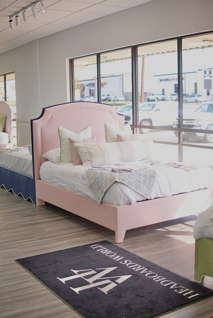 60”H Queen Platform Bed in our Blush Pink Linen with White Trim — In-stock now.