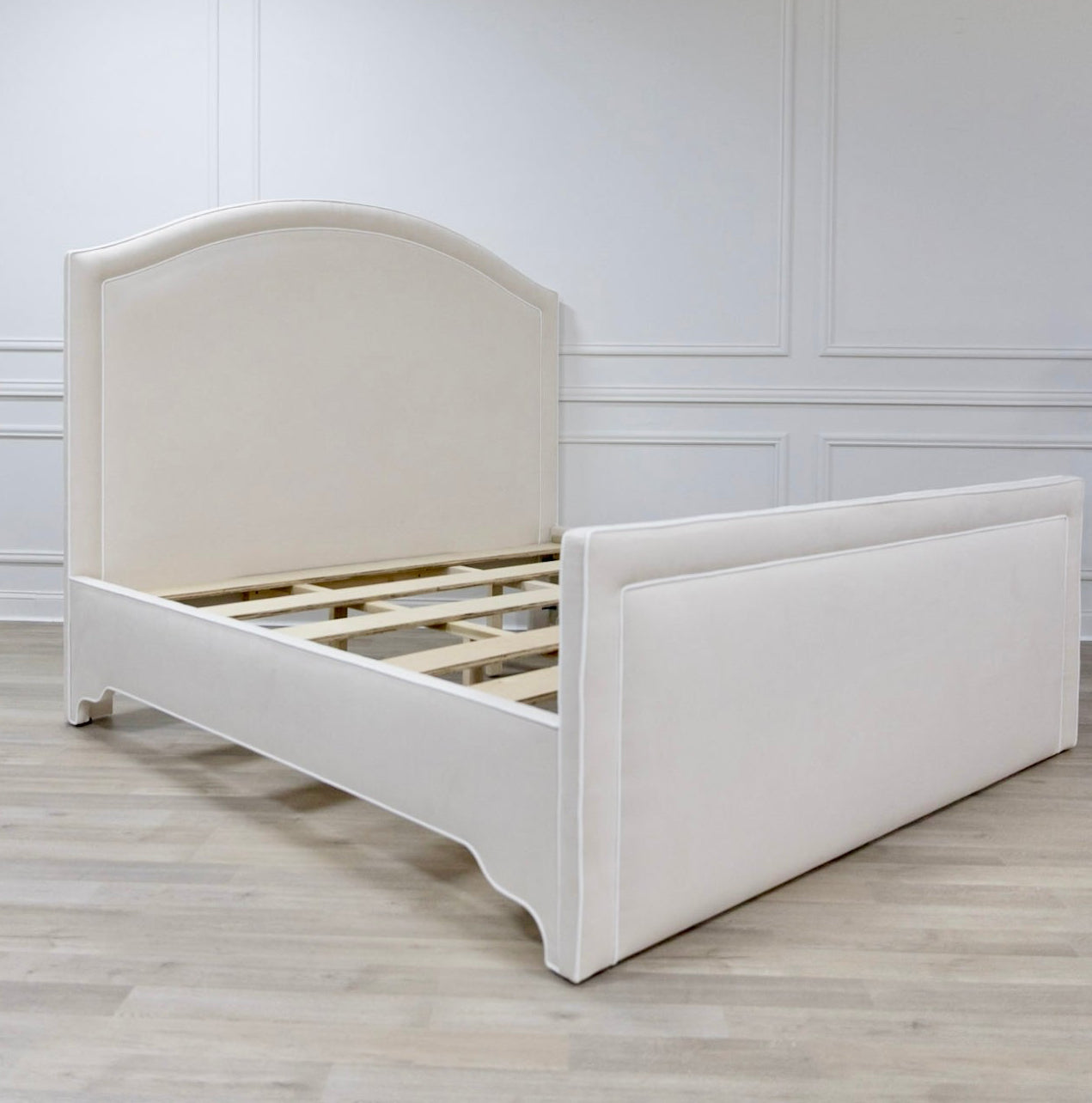 The Lilliane King Bed - Upholstered Footboard - Oatmeal Woven Fabric - White Trim