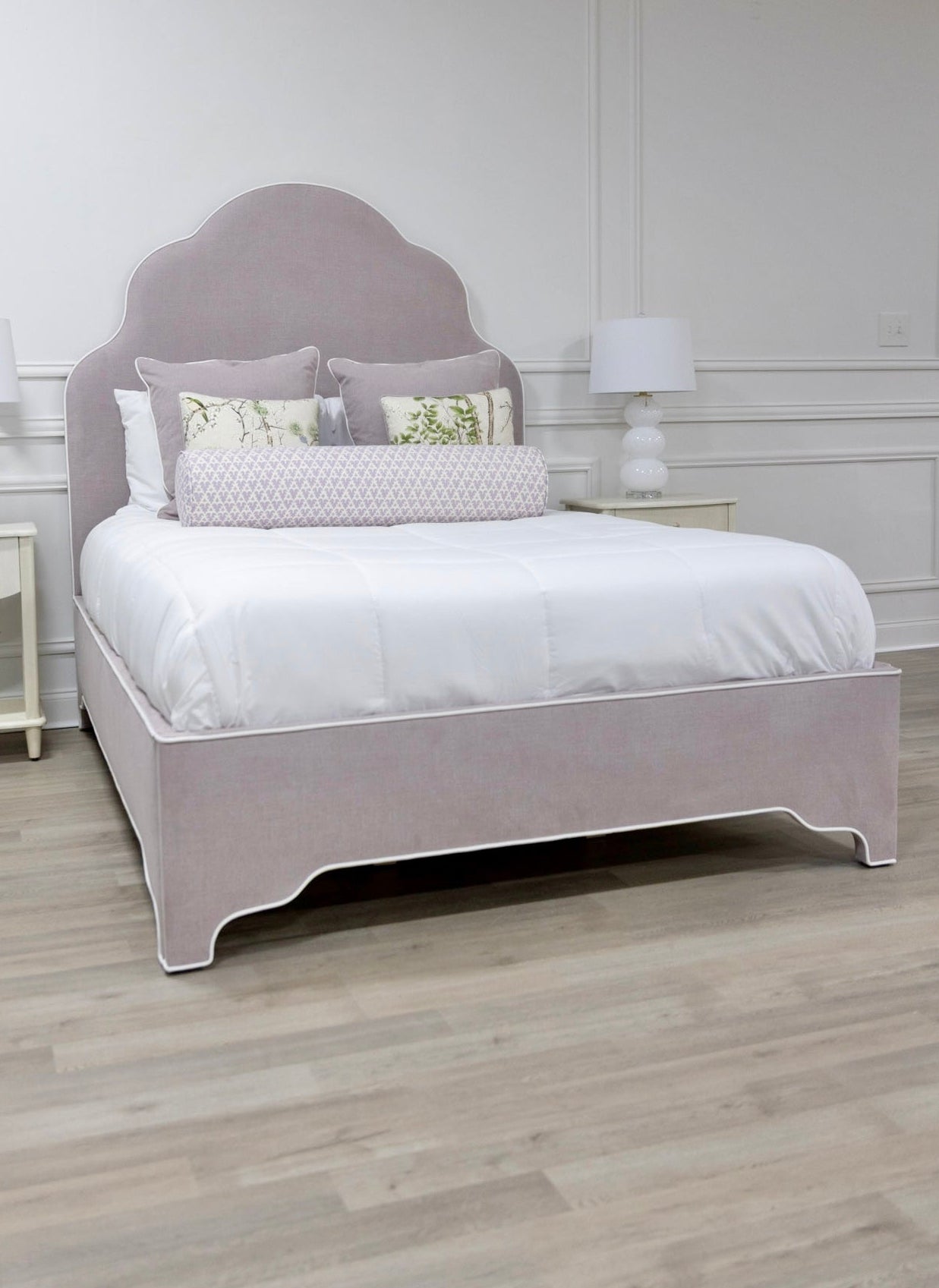 The Rachel Queen Bed - Lilac Woven Fabric - White Trim