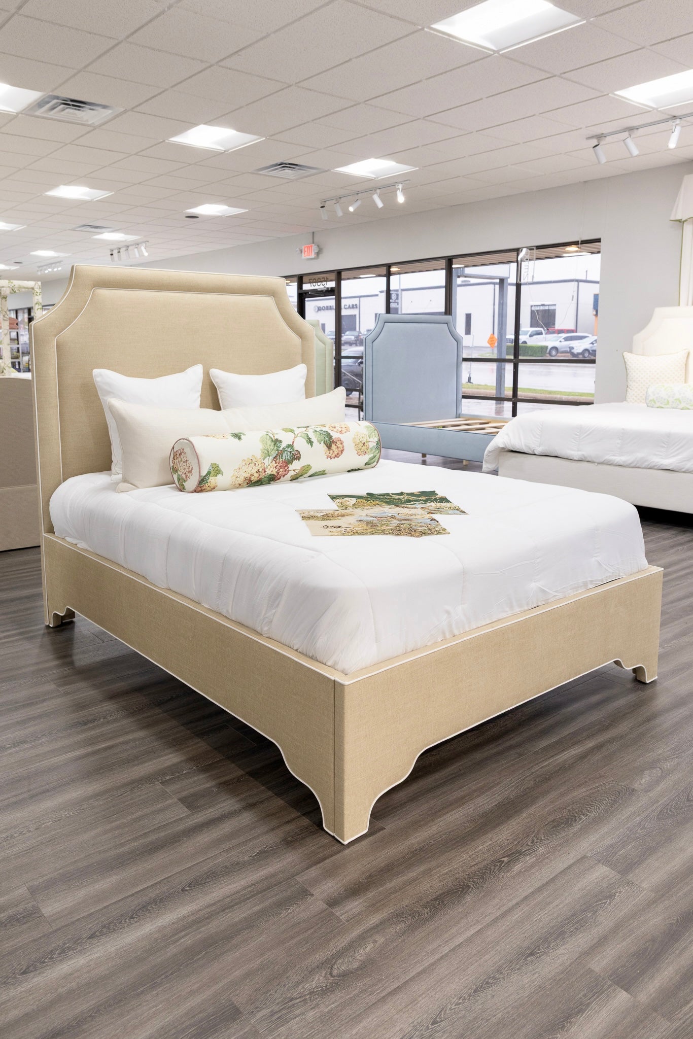 65”H Queen Upholstered Platform Bed - Sand Chenille Fabric with White Trim