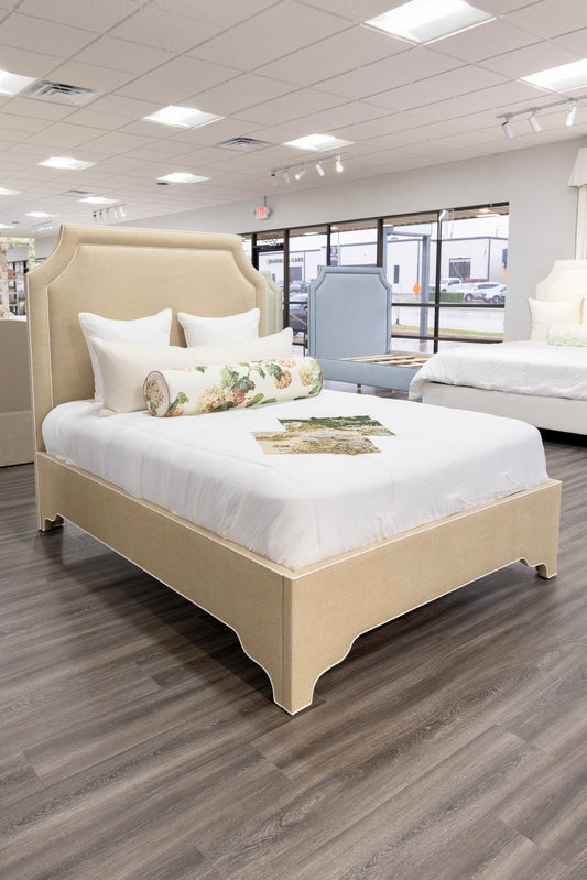 65”H Queen Upholstered Platform Bed - Sand Chenille Fabric with White Trim