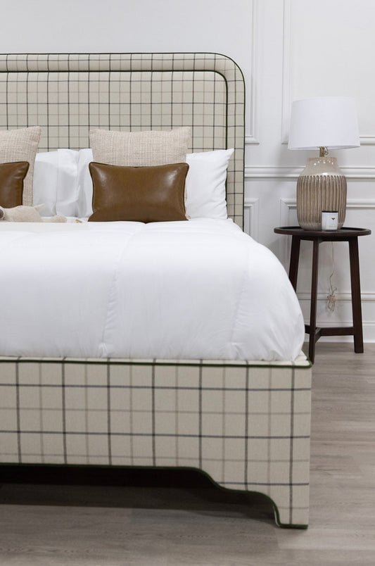 The Lorraine King Bed - Scalloped Legs - Performance Cream Plaid Fabric - Green Trim