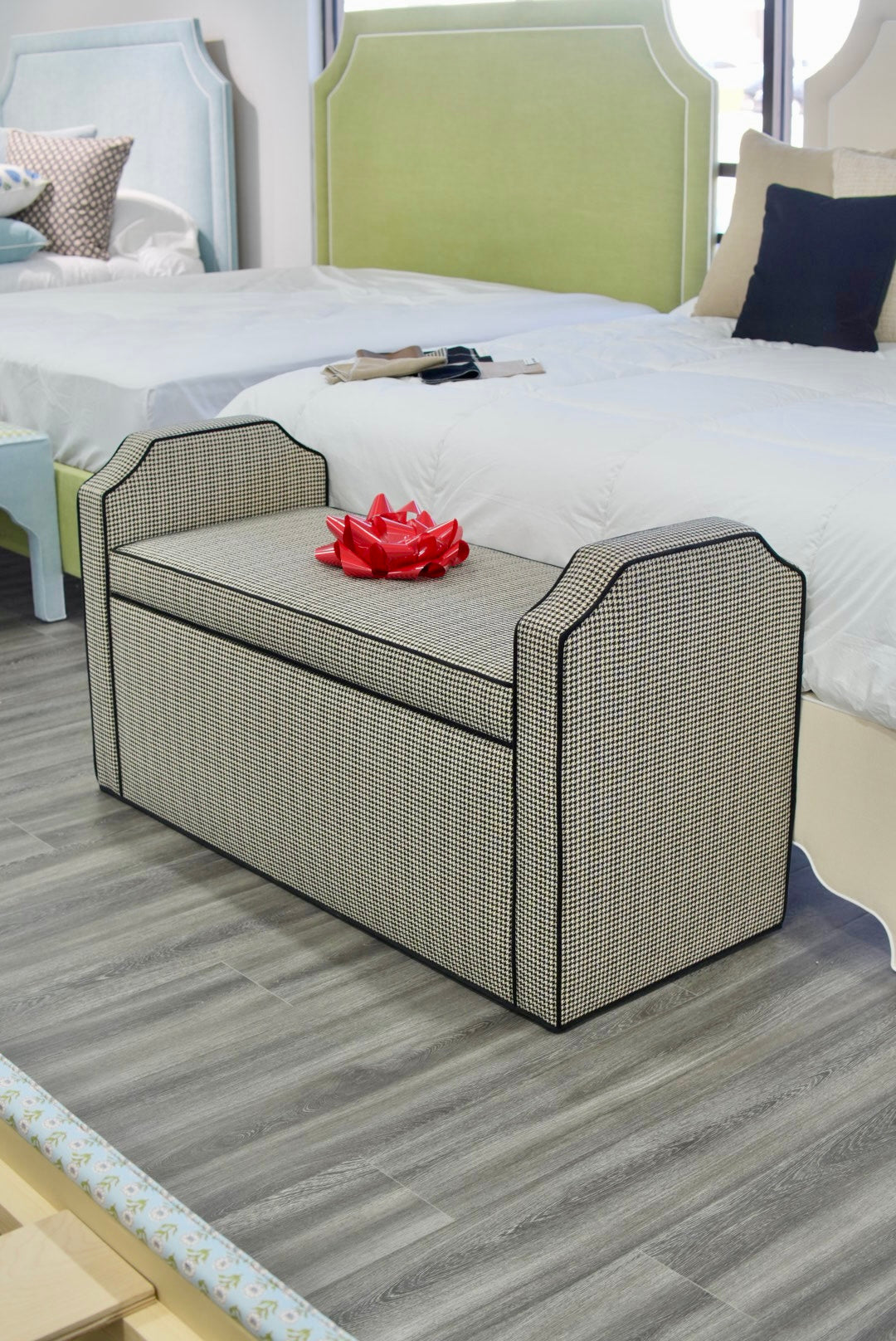Milly Storage Bench – Houndstooth Fabric with Black Mohair Trim