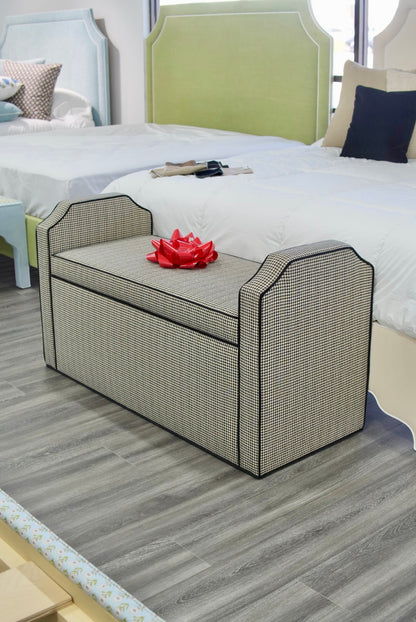 Milly Storage Bench – Houndstooth Fabric with Black Mohair Trim
