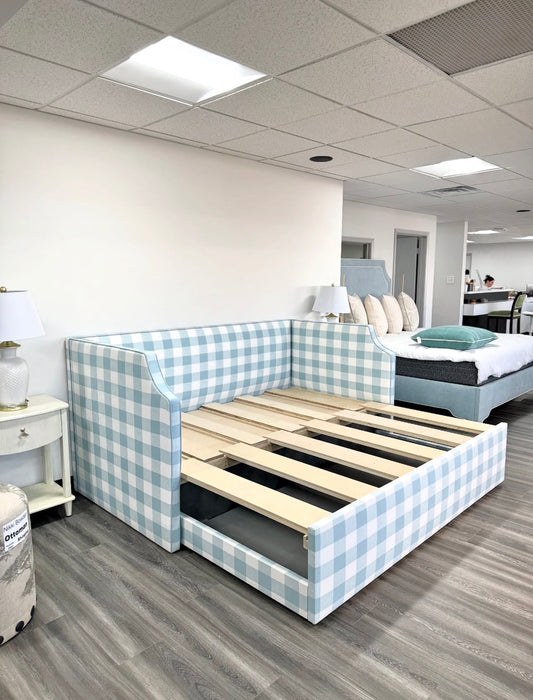 Twin to king Upholstered Trundle Daybed in Buffalo Blue Fabric - Sky Blue Trim
