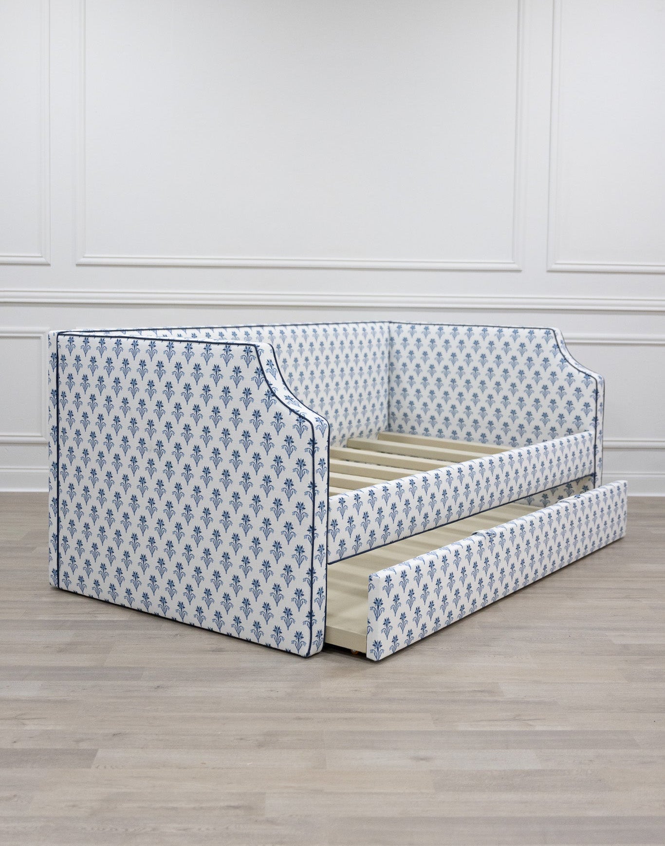 The Addison Twin Trundle Daybed - Lobelia Blues Fabric - Navy Trim