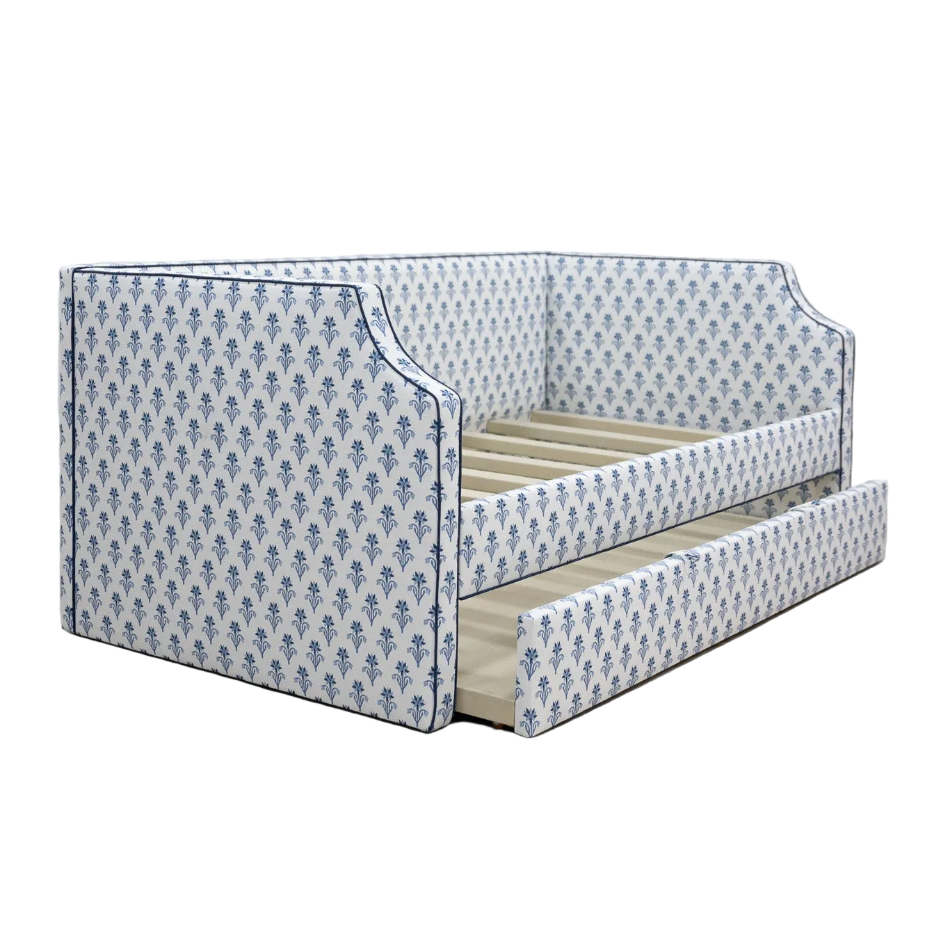 The Addison Twin Trundle Daybed - Lobelia Blues Fabric - Navy Trim