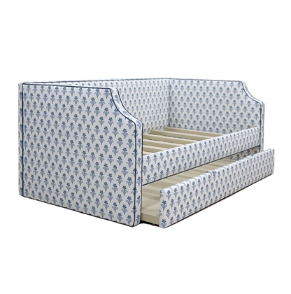 The Addison Twin Trundle Daybed - Lobelia Blues Fabric - Navy Trim