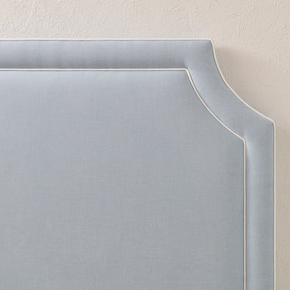 The Addison Queen Bed - Scalloped Legs - Sky Blue Woven Fabric - White Trim