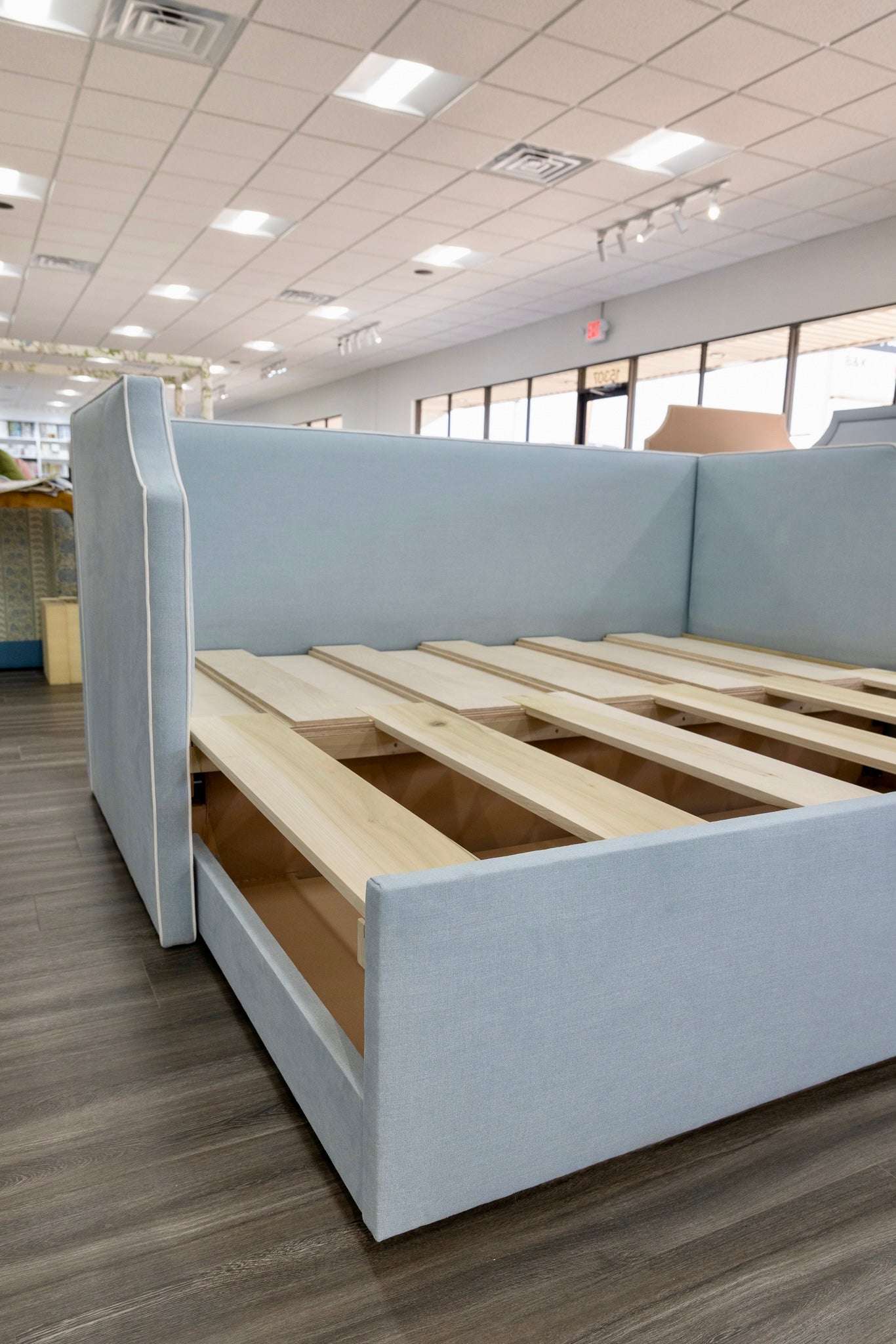 The Addison Twin to King Trundle Daybed - Sky Blue Woven fabric - White Trim