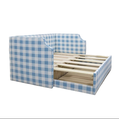 The Addison Twin to King Trundle Daybed - Buffalo Blue Fabric - Sky Blue Trim