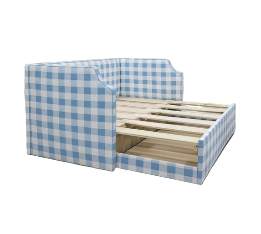 Twin to king Upholstered Trundle Daybed in Buffalo Blue Fabric - Sky Blue Trim