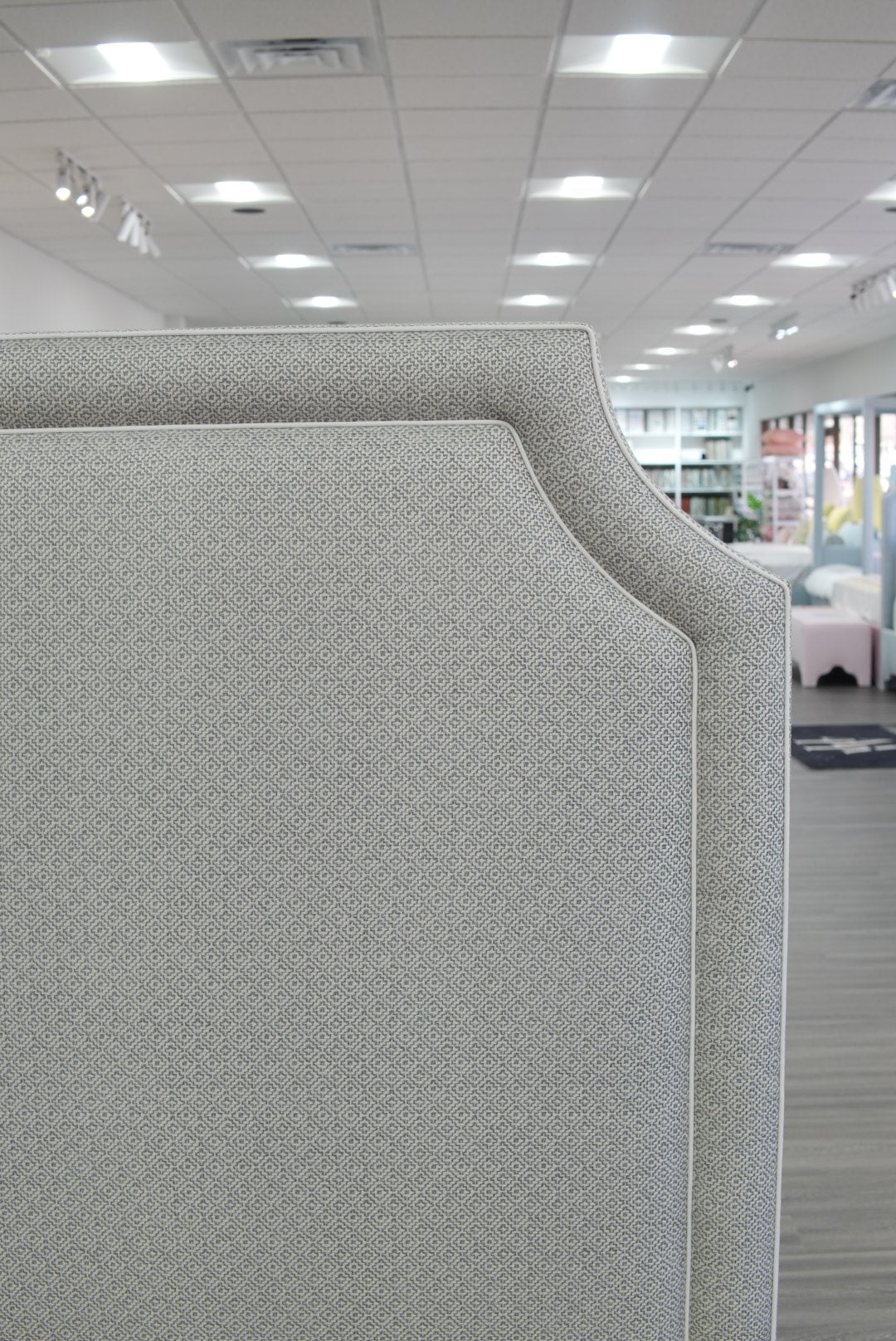 The Addison Queen Bed - Geometric Grey Fabric - White Trim