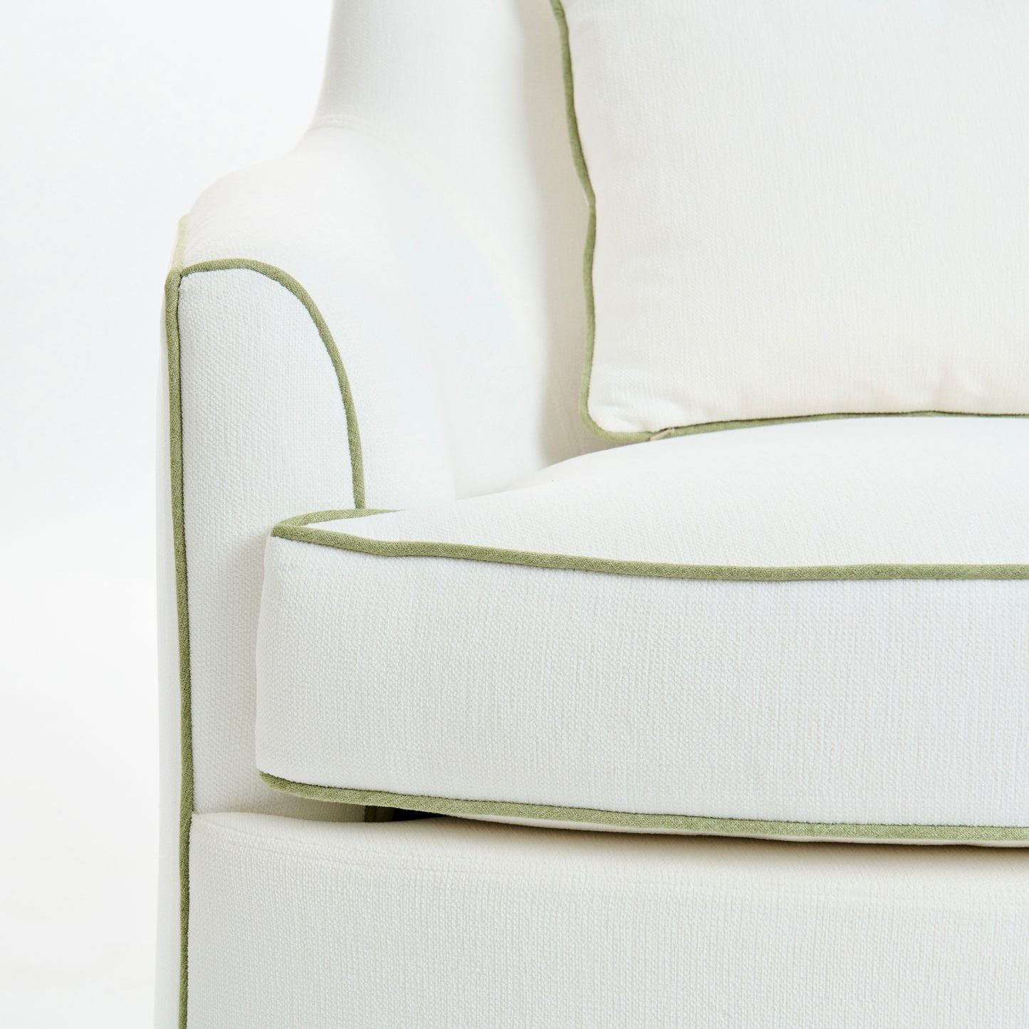 The Scarlett Swivel Chair: Crypton Off-White Fabric - Green Trim