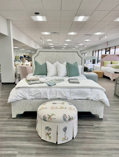 65" H King Platform Bed - Scalloped Legs - Textured Kravet Fabric- Teal Trim