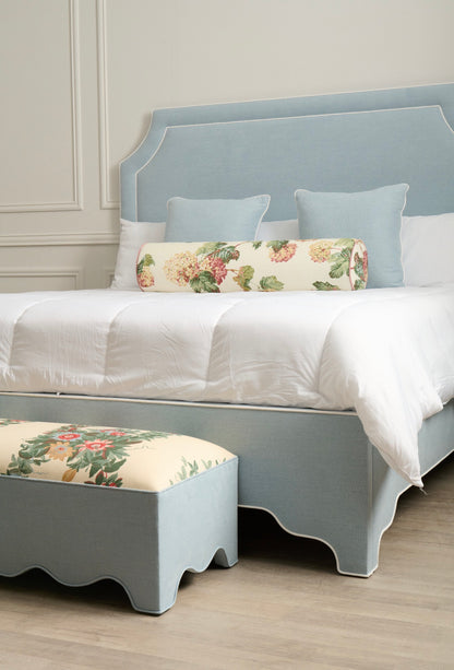 The Addison King Platform Bed - Scalloped Legs - Sky Blue Woven Fabric with White Trim