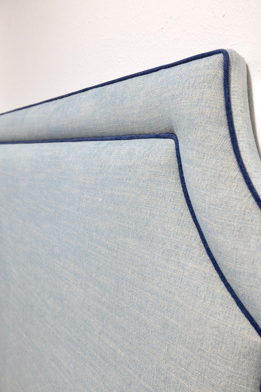 The Addison King Headboard - Tilos Light Denim Fabric - Navy Trim