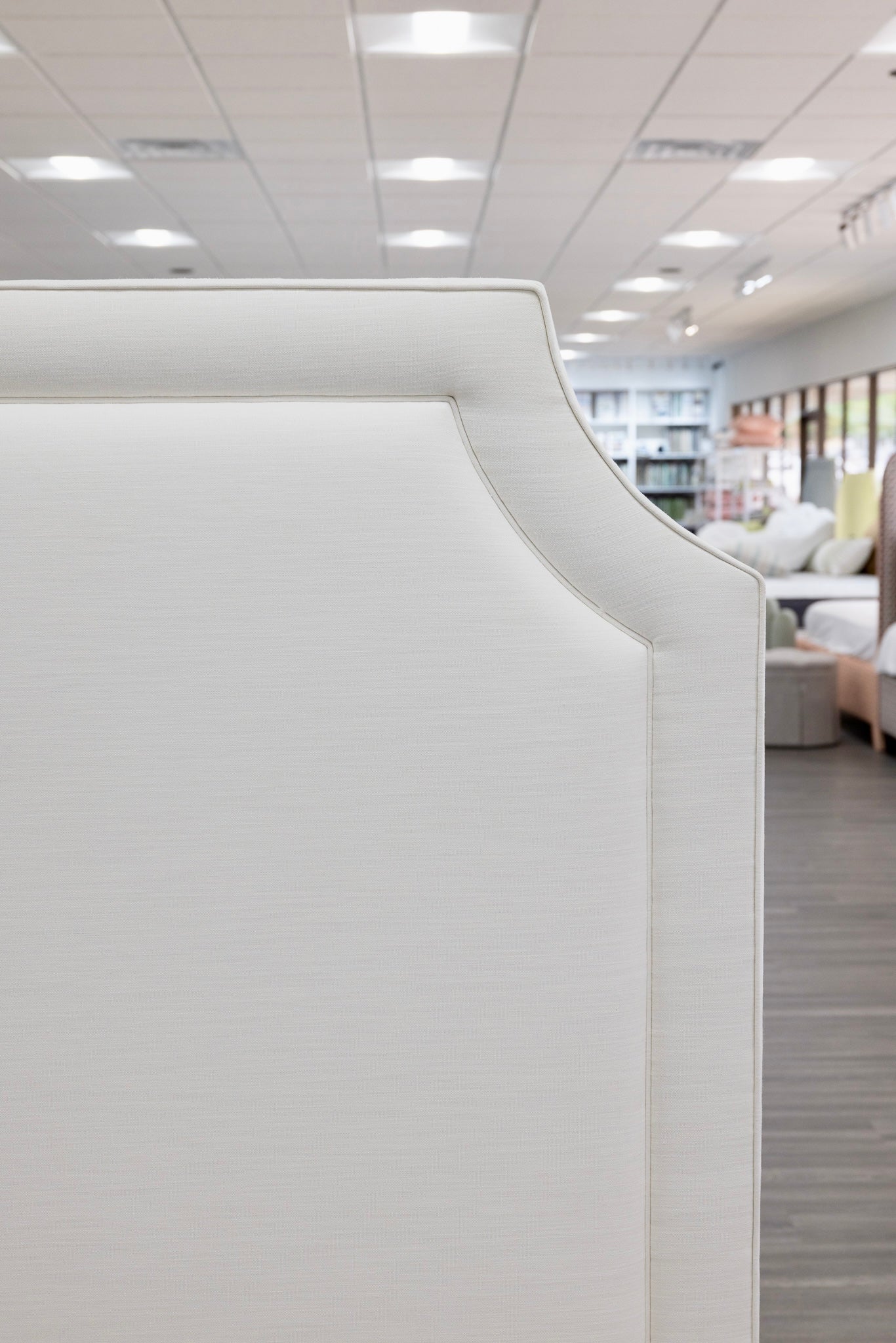 65”H King Platform Bed - Wooden Legs - Off White Linen Fabric