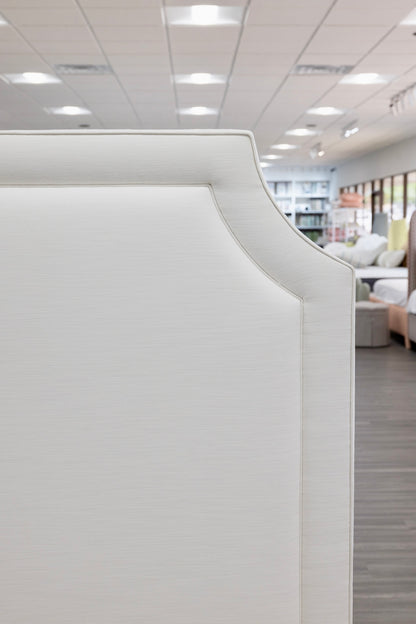 65”H King Platform Bed - Wooden Legs - Off White Linen Fabric