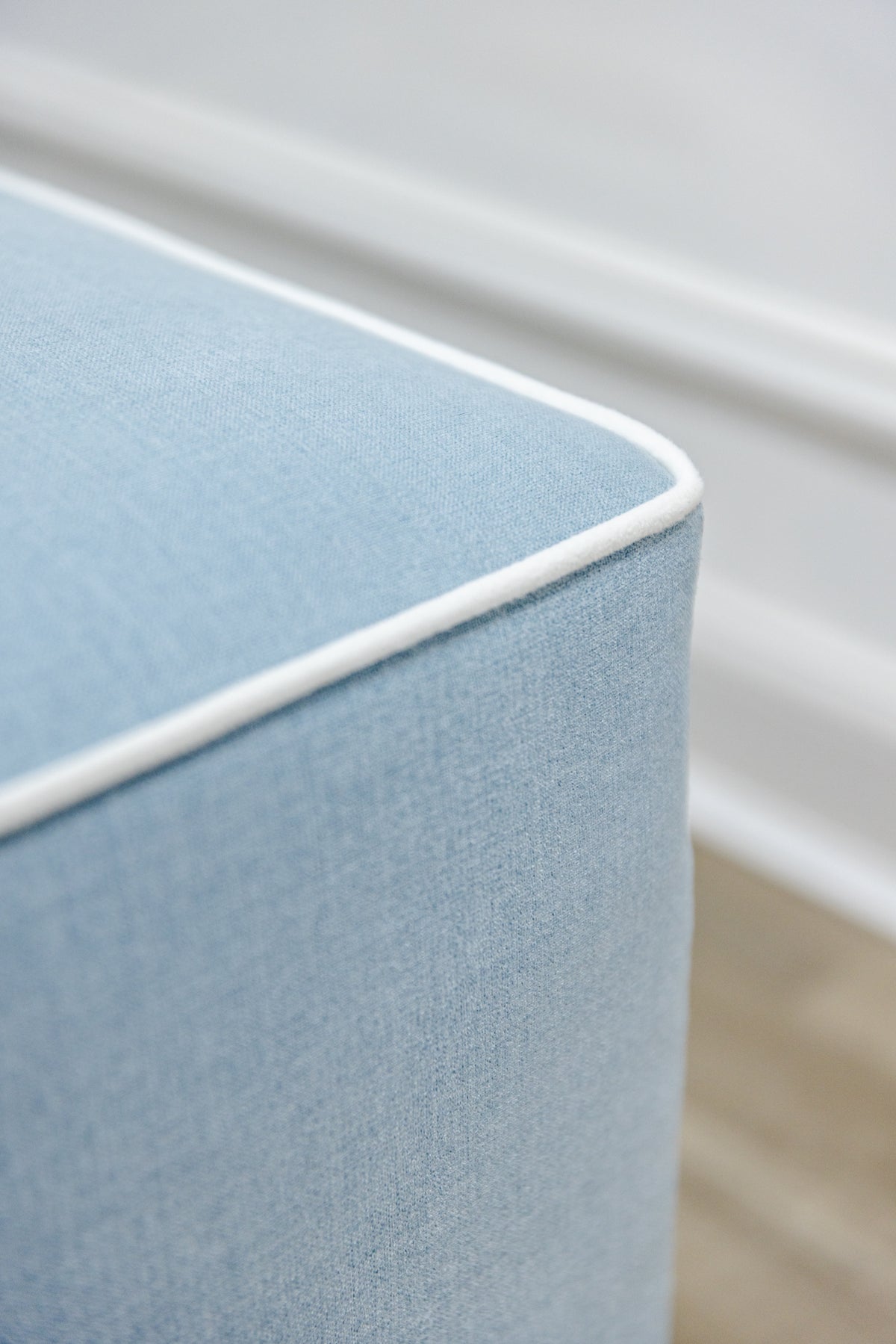 Custom Upholstered Bench in Sky Blue Woven Fabric
