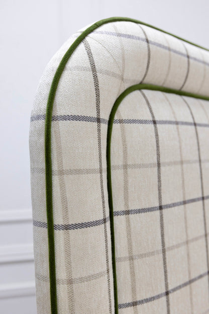 The Lorraine King Bed - Scalloped Legs - Performance Cream Plaid Fabric - Green Trim