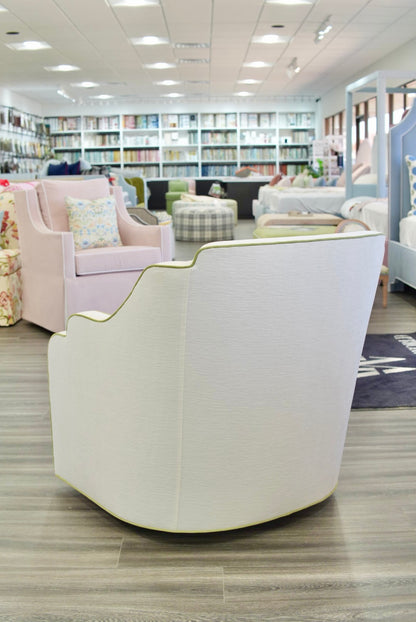 Custom Scalloped Swivel Chair: White Performance Fabric - Pistachio Green Trim
