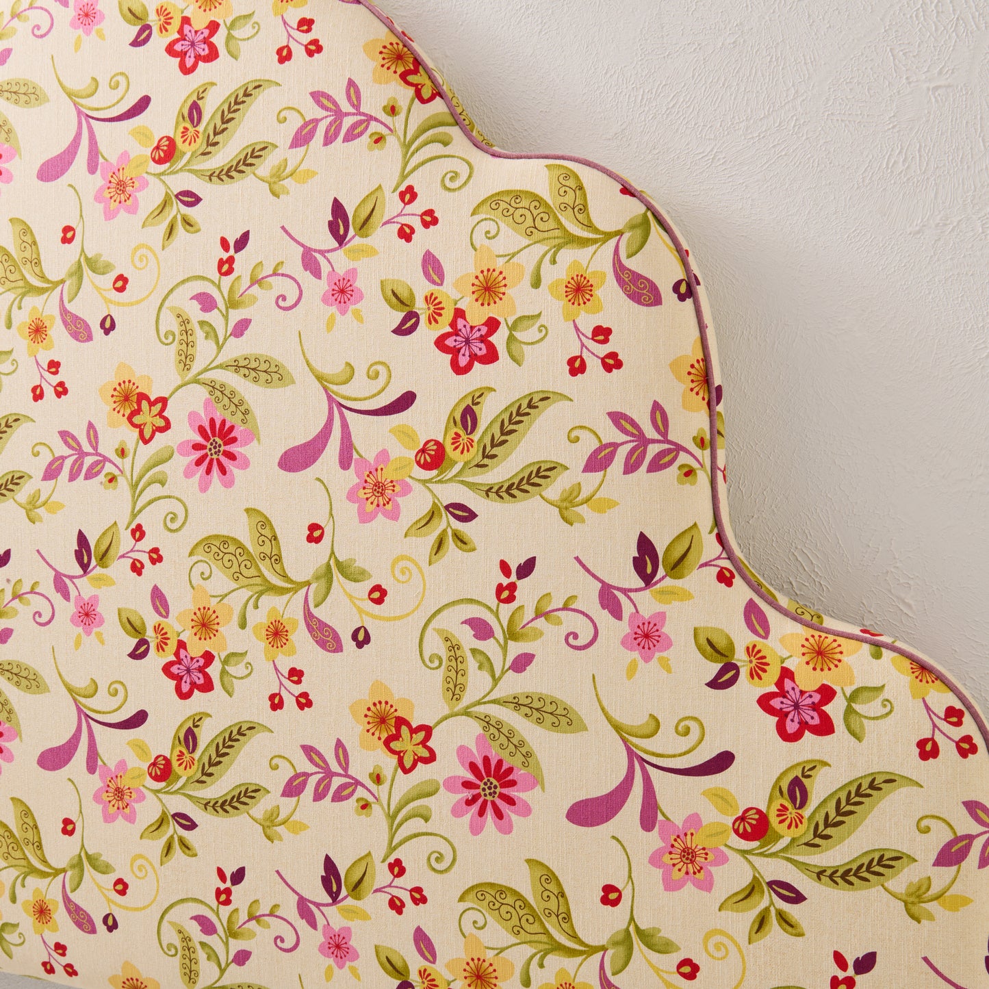 The Rachel King Headboard - Fabricut Floral Orchid Fabric - Lavender Trim