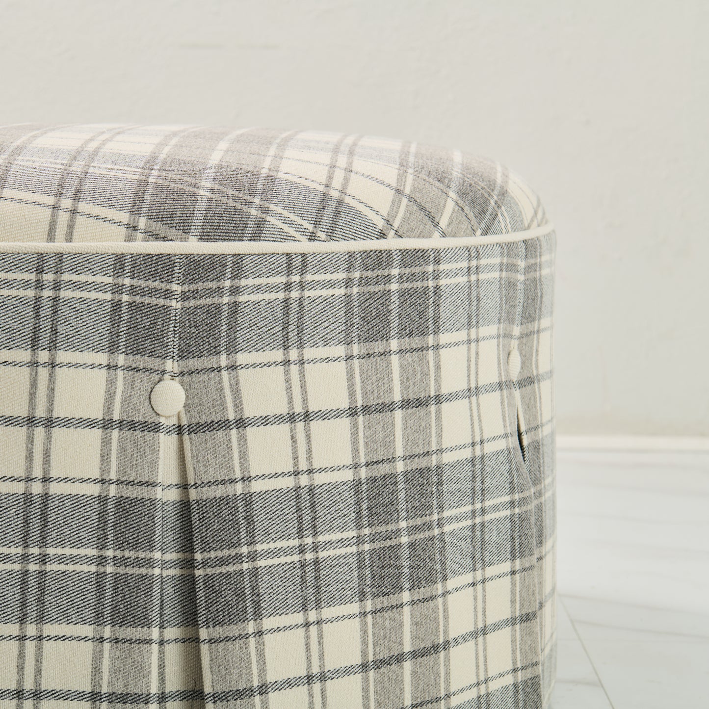 32" Round Skirted Ottoman in Gray Plaid Upholstery Fabric