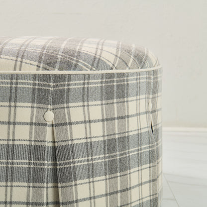 32" Round Skirted Ottoman in Gray Plaid Upholstery Fabric