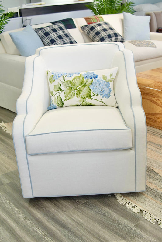 Custom Scalloped Swivel Chair: White Performance Fabric - Sky Blue Trim