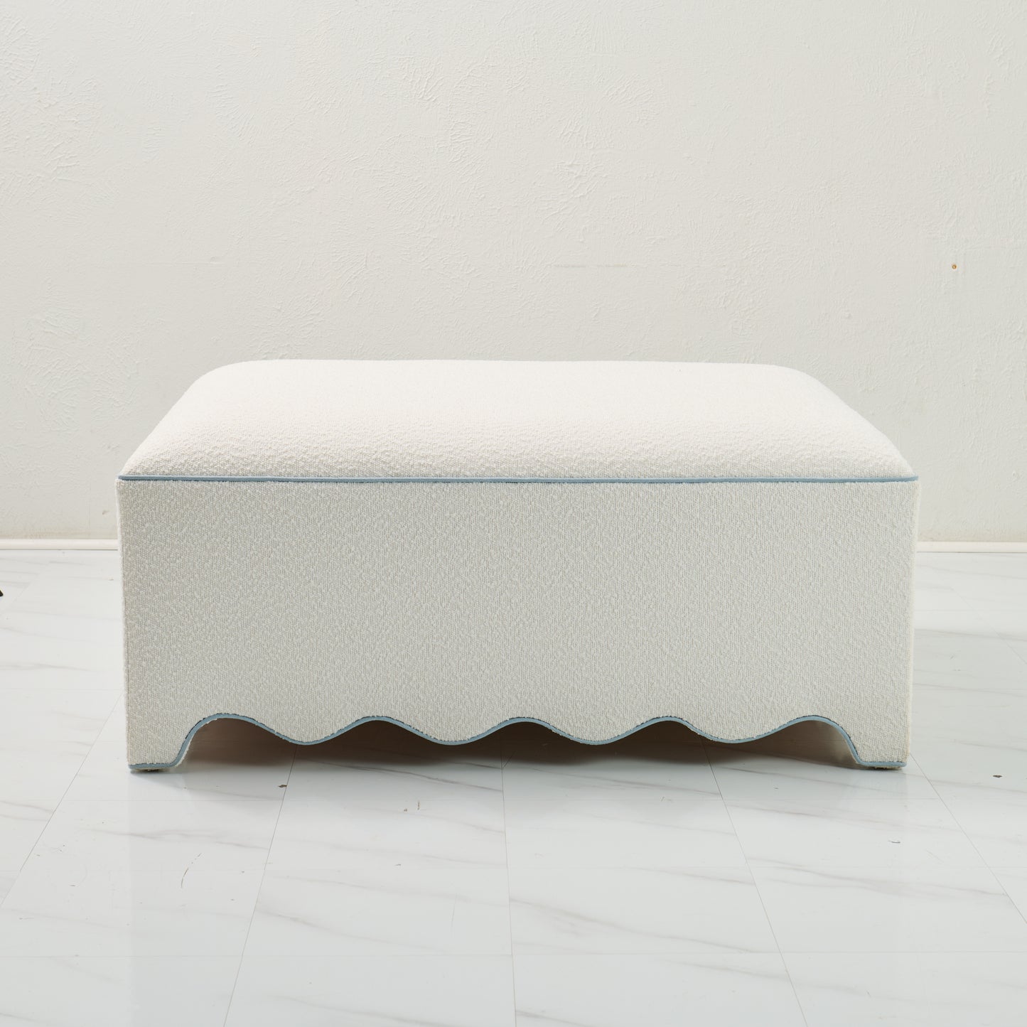 Scalloped Ottoman / Coffee table in White Boucle Fabric - Sky Blue Trim